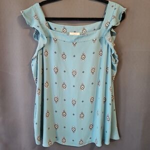 LOFT Women's Light Teal Patterned Top Flutter Sleeves Size XL